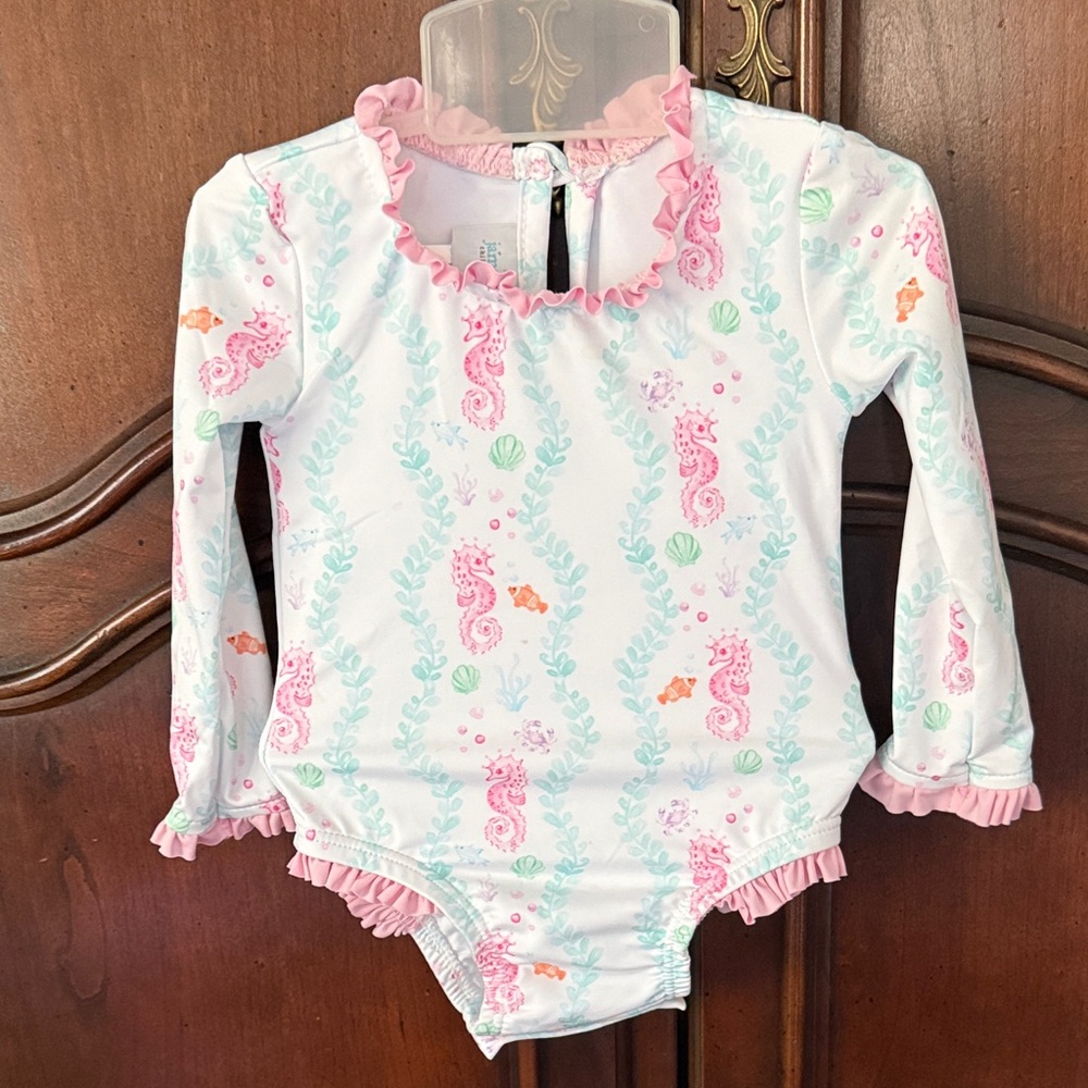 JAMES & LOTTIE Seahorse Rash Guard Swimsuit 6M Baby Girl Ruffle One Piece